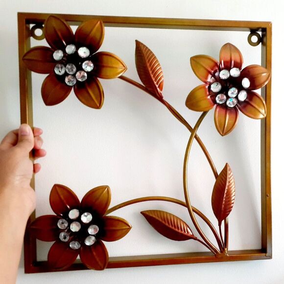 Floral Metal Decor Wall Hanging w/ Rhinestone Crystal Gold Rustic Square Shape - Picture 1 of 6